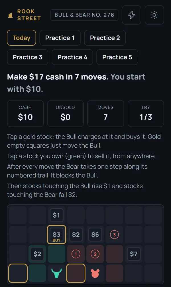Rook Street Bull and Bear puzzle: a grid of priced stocks, the Bull, the Bear and its numbered trail